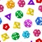 Color Polyhedron Dice with Numbers Seamless Pattern Background. Vector