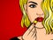 Color pop art comic style illustration. Blonde girl with red lipstick and wavy hair. Beautiful young woman is applying a ma