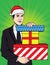 Color pop art comic style illustration. The man in the hat of Santa Claus is holding boxes with gifts. Businessman in a sui