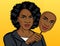 Color pop art style illustration. African American girl with a fake face. Dark skinned girl holds a mask with an artificial