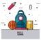Color poster of back to school with backpack in closeup and basketball ball book and paperclip and marker