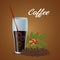 Color poster glass cup of iced coffee and beans