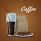Color poster glass cup of iced coffee with package of beans in dish