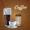 Color poster glass cup of iced coffee with porcelain cup and disposable for drinks