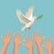 Color poster hands and pigeon peace symbol with olive branch in peak