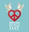 Color poster pair pigeons flying with heart shape peace and love symbol
