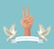 Color poster pair pigeons flying with olive branch in peak hand victory symbol ribbon international peace day text