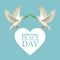 Color poster pair pigeons flying with olive branch in peak heart shape international peace day text