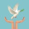 Color poster pigeon flying with olive branch in peak and hands holding