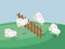 Color poster scene landscape of sleep time with sheeps jump wooden fence