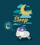 Color poster scene sky landscape of sleep time with sheeps thinking in the night