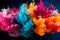 Color Powder Smoke Splash Explosion on Dark Blue Background. Colorful Generative AI.