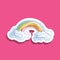 Color Rainbow With Clouds. Cute cartoon rainbow in blue clouds sticker, on pink background