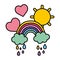 Color rainbow clouds raining with hearts and sun