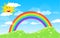 Color Rainbow With Clouds and smile sun, Grass And Flowers, With Gradient blue sky