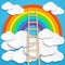 Color rainbow with clouds and wooden stair on blue sky background