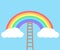 Color rainbow with clouds and wooden stairs on blue sky background