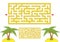 Color rectangular maze. Yellow beach with palm trees in cartoon style. Game for kids. Puzzle for children. Labyrinth conundrum.