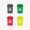 Color recycle garbage bins with paper, glass, plastic, metal. Reuse or reduce symbol with long shadow. Plastic recycle trash can.