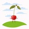 Color scene set sky landscape and grass with cartoon expressive cherry fruit kawaii standing