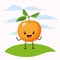 Color scene set sky landscape and grass with cartoon expressive orange fruit kawaii standing