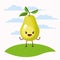 Color scene set sky landscape and grass with cartoon expressive pear fruit kawaii standing