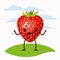 Color scene set sky landscape and grass with cartoon expressive strawberry fruit kawaii standing
