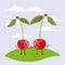 Color scene set sky landscape and grass with couple expressive gesture cherries fruits kawaii holding hands