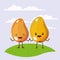 Color scene set sky landscape and grass with couple expressive gesture mango fruits kawaii holding hands