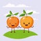 Color scene set sky landscape and grass with couple expressive gesture oranges fruits kawaii holding hands