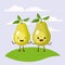 Color scene set sky landscape and grass with couple expressive gesture pear fruits kawaii holding hands