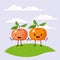 Color scene set sky landscape and grass with couple expressive gesture tangerines fruits kawaii holding hands