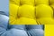 Color scheme of yellow and blue gray. Collage Detail of upholstery of modern sofa, chair, armchair, pouf or pillow. Premium fabric