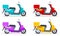Color scooters set. Motorbike delivery vehicles. Detailed motorcycling transport isolated vector set