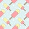 Color seamless pattern of delicious melting ice cream on a blue background. Simple flat vector illustration. Suitable for