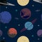 Color seamless space pattern. Hand drawn planets, cosmic galaxy texture vector illustration.