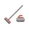 Color set of curling stone and broom. Flat icons for illustration of sport equipment. Granite stone with red handle and long stick