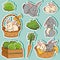 Color set of cute domestic animals and objects, vector rabbits