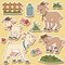 Color set of cute farm animals and objects, vector family goat