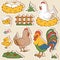 Color set of cute farm animals, vector family chicken