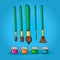 Color set of five different brushes for painting and four colors in small jars with lids