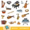 Color set of musical instruments, collection of vector items with names in English. Cartoon visual dictionary