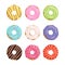 Color set sweet donut isilated on white background. Doughnut collection. Icing with chocolate, strawberries, lemon