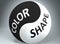 Color and shape in balance - pictured as words Color, shape and yin yang symbol, to show harmony between Color and shape, 3d