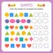 Color the shapes to complete the pattern. Learn shapes and geometric figures. Preschool or kindergarten worksheet