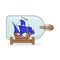 Color ship with blue sails in the bottle. Souvenir with sailboat for trip, tourism, travel agency, hotels, vacation card