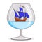 Color ship with blue sails in glass. Souvenir with sailboat for trip, tourism, travel agency, hotels, vacation card