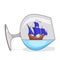 Color ship with blue sails in glass. Souvenir with sailboat for trip, tourism, travel agency, hotels, vacation card