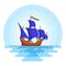 Color ship with blue sails in the sea. Sailboat on waves for trip, tourism, travel agency, hotels, vacation card, banner.