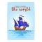 Color ship with blue sails in the sea. Sailboat on waves for trip, tourism, travel agency, hotels, vacation card, banner